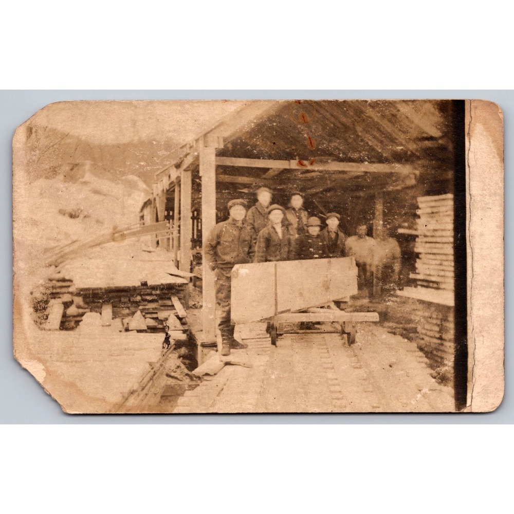 Antique RPPC Lumber Mill‎ Workers Logging Camp Postcard 1904-1918 Sepia Photo